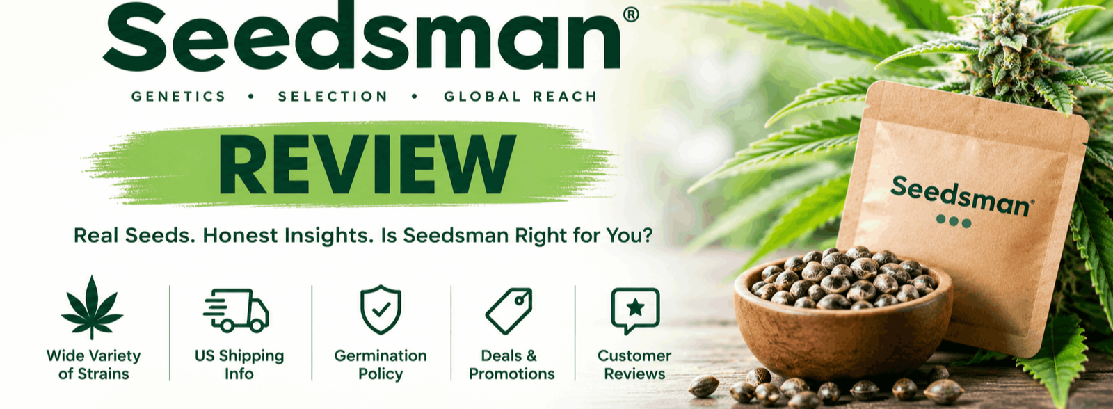 Seedsman review featuring cannabis seed products, product selection, pricing, and store information.